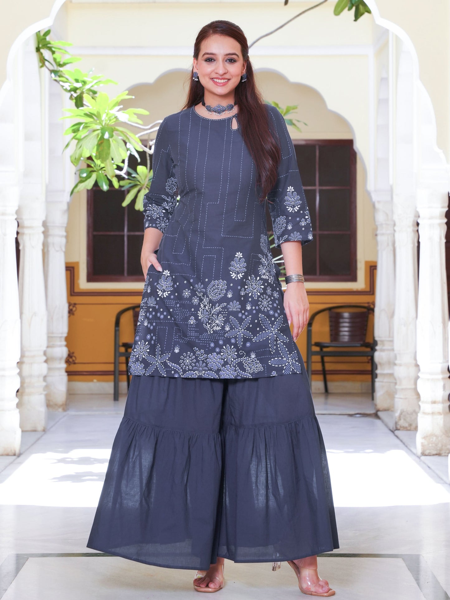 Embroidered Soft Cotton Placement Print Straight Blue Kurta