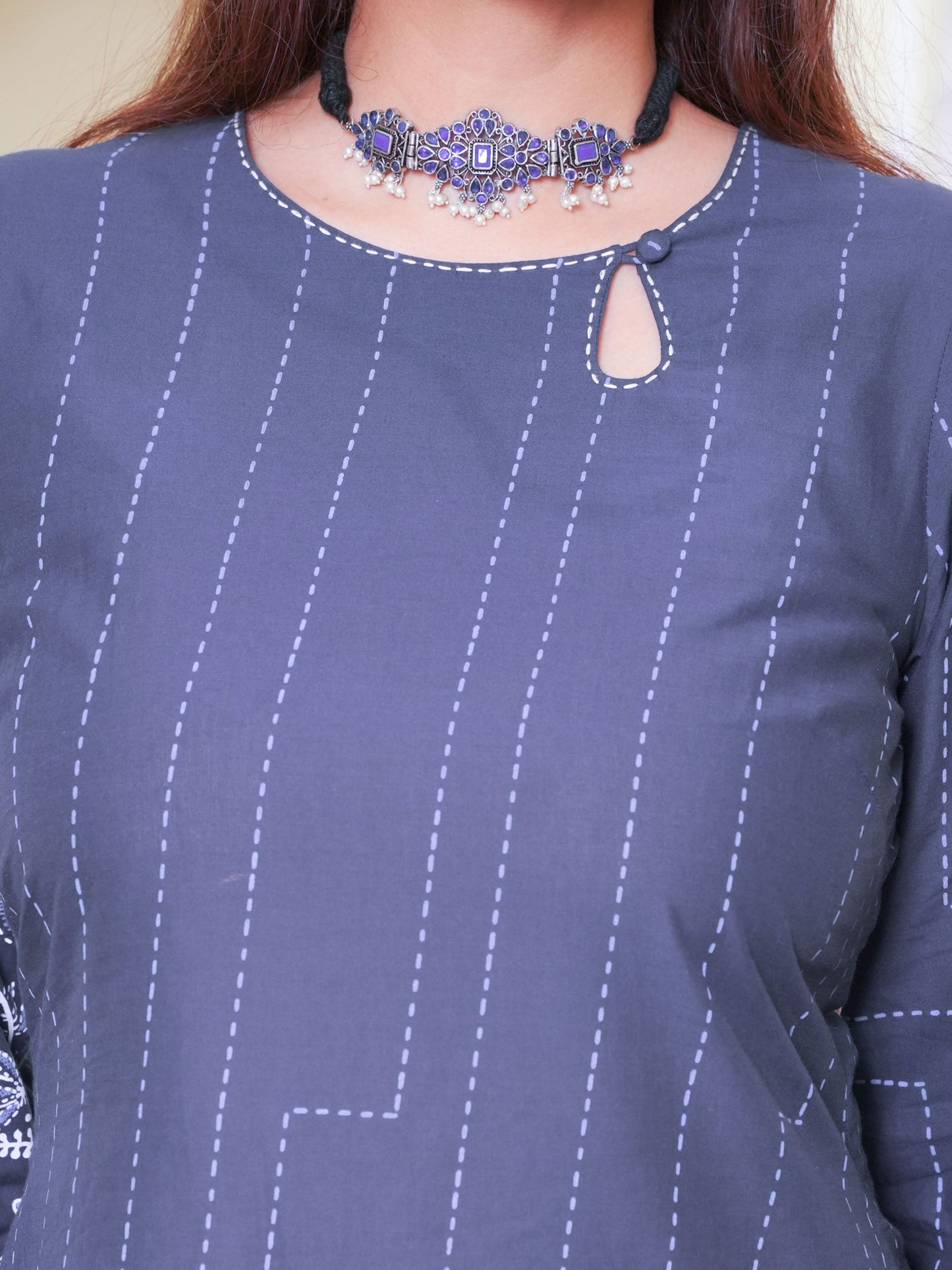 Embroidered Soft Cotton Placement Print Straight Blue Kurta