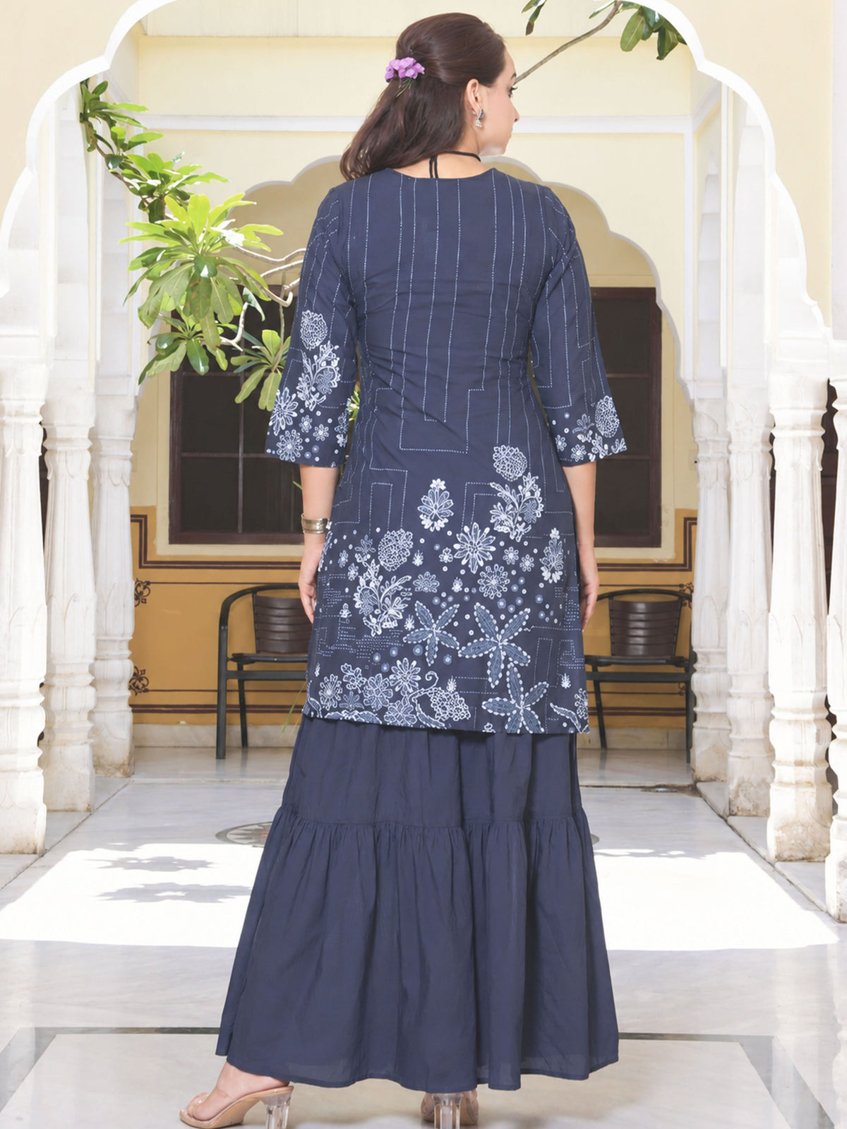 Embroidered Soft Cotton Placement Print Straight Blue Kurta