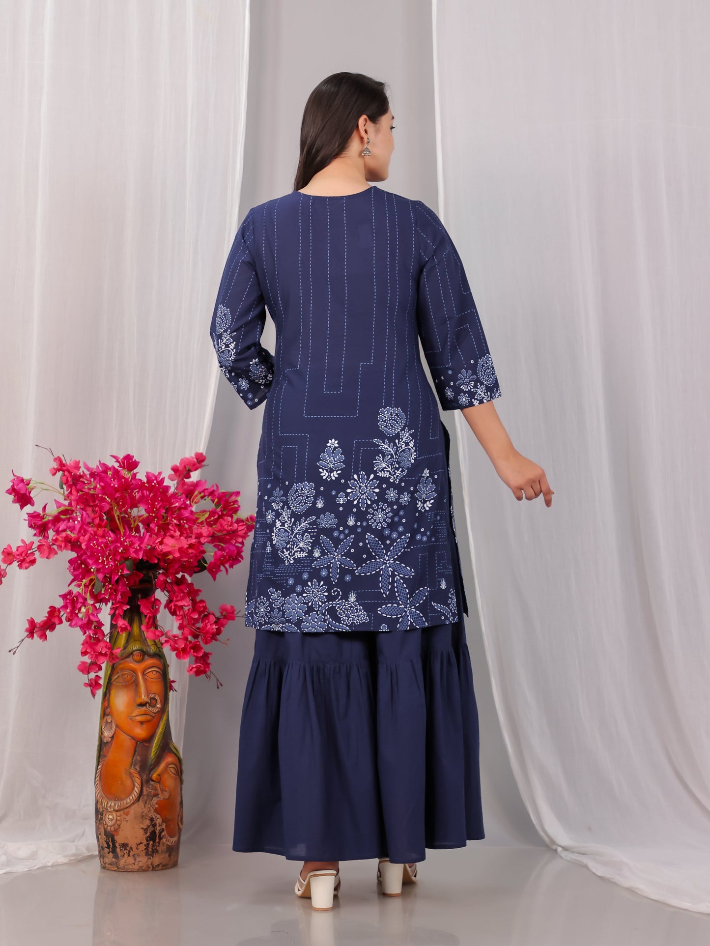 Embroidered Soft Cotton Placement Print Straight Blue Kurta