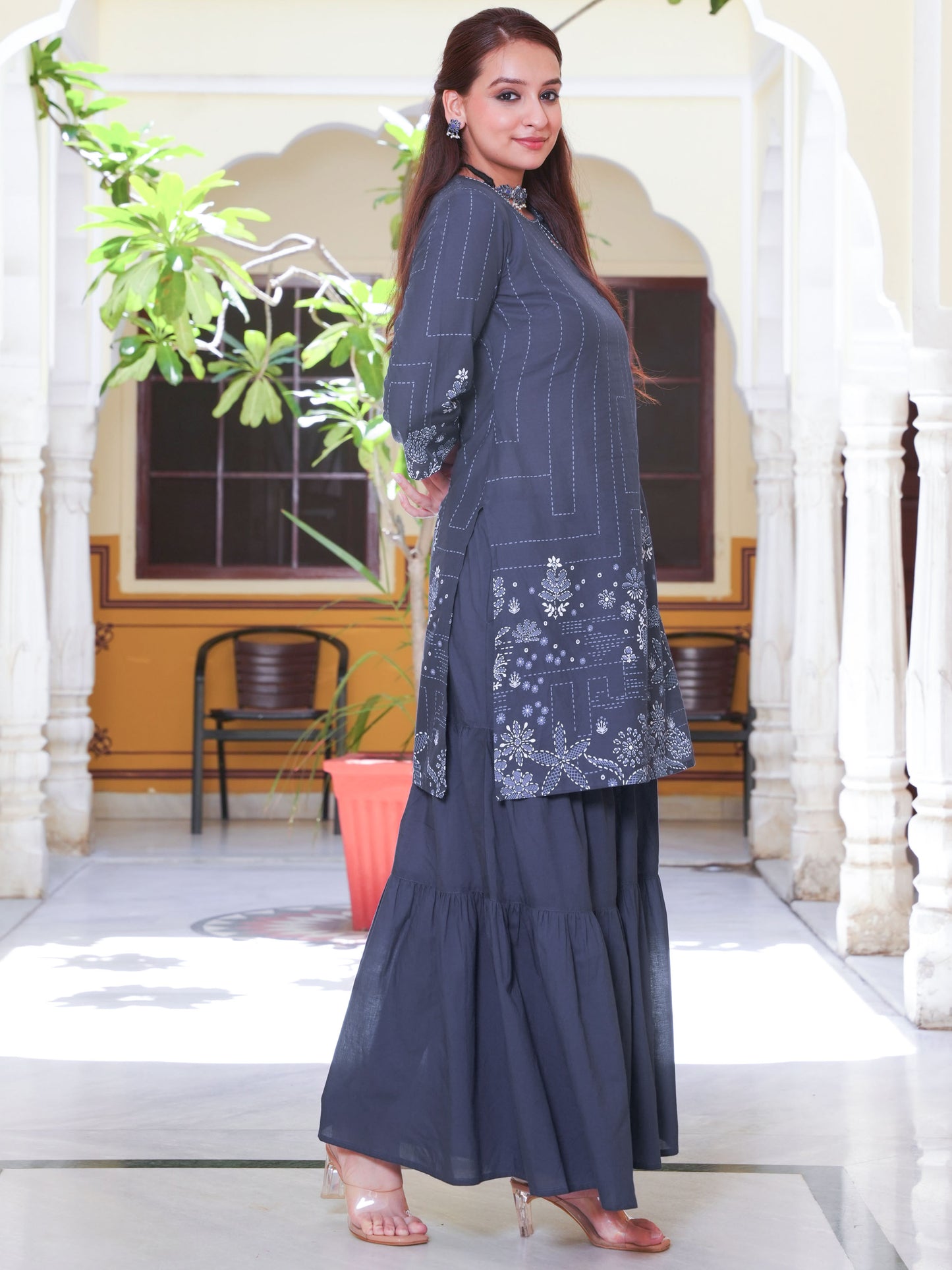 Embroidered Soft Cotton Placement Print Straight Blue Kurta