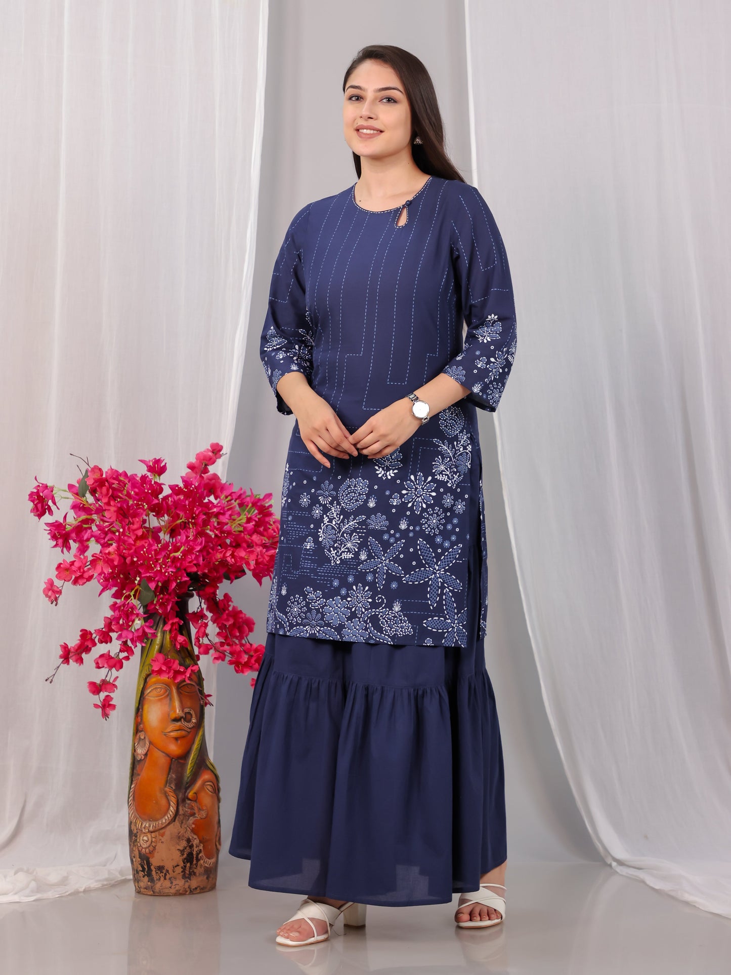 Embroidered Soft Cotton Placement Print Straight Blue Kurta