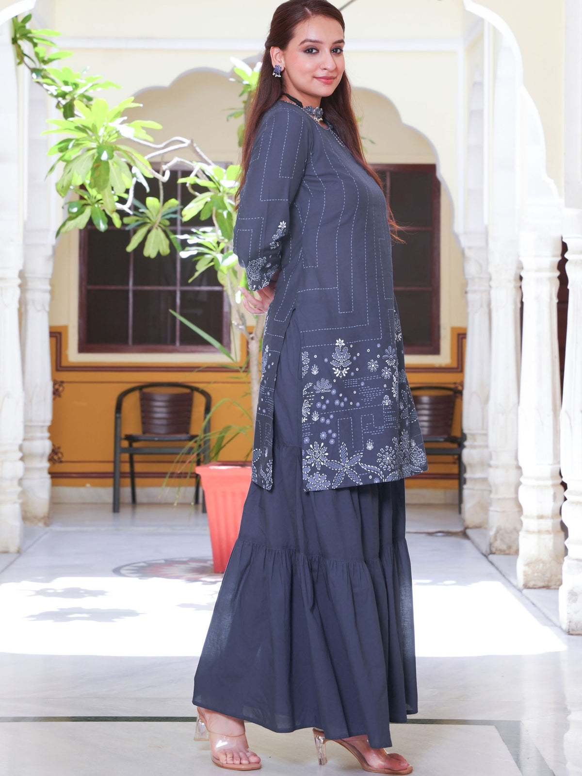Embroidered Soft Cotton Placement Print Straight Blue Kurta