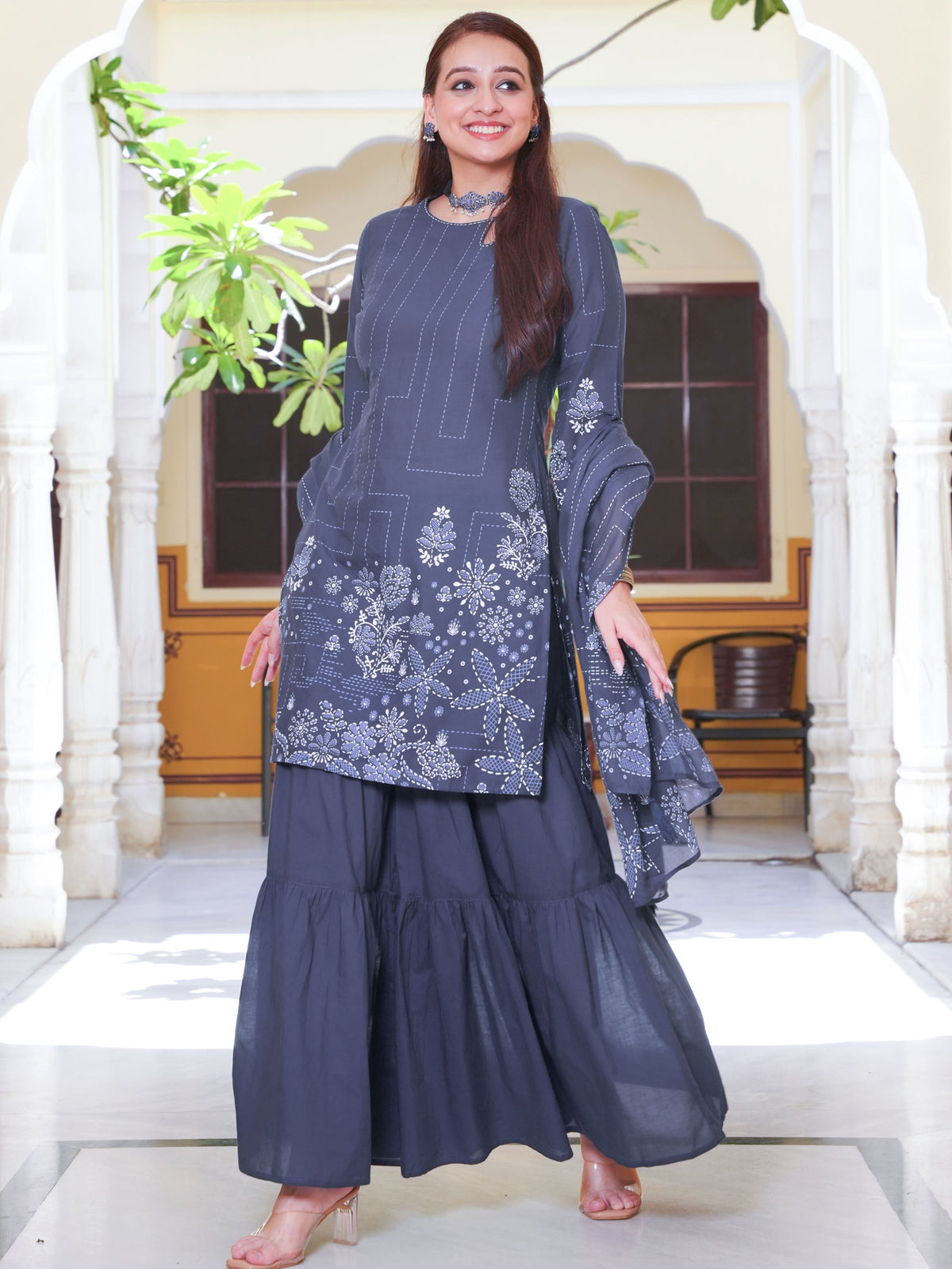 Embroidered Soft Cotton Placement Print Straight Blue Kurta