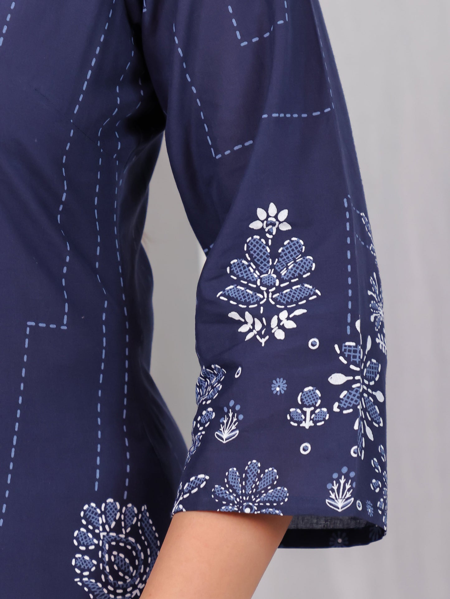 Embroidered Soft Cotton Placement Print Straight Blue Kurta