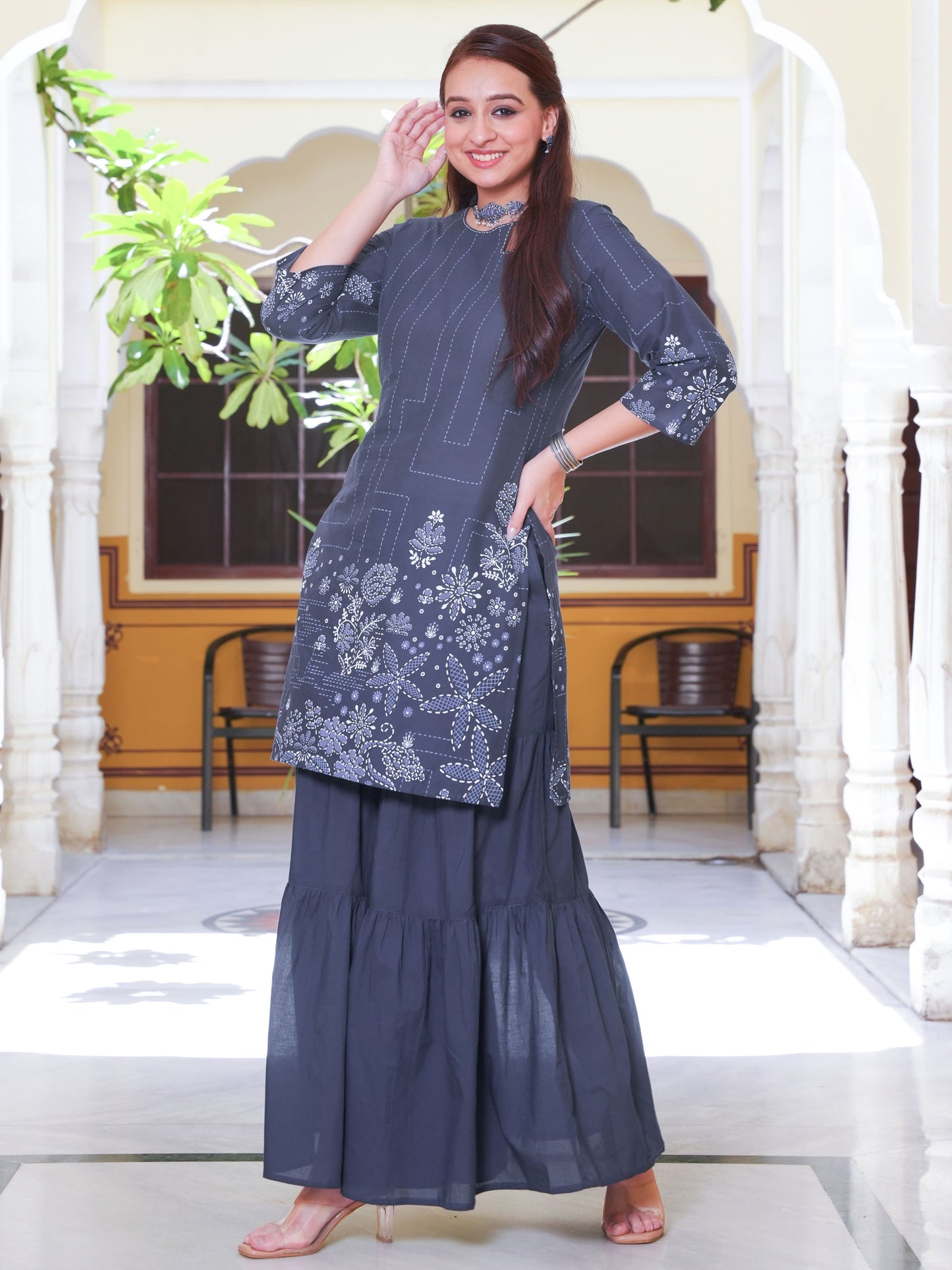 Embroidered Soft Cotton Placement Print Straight Blue Kurta