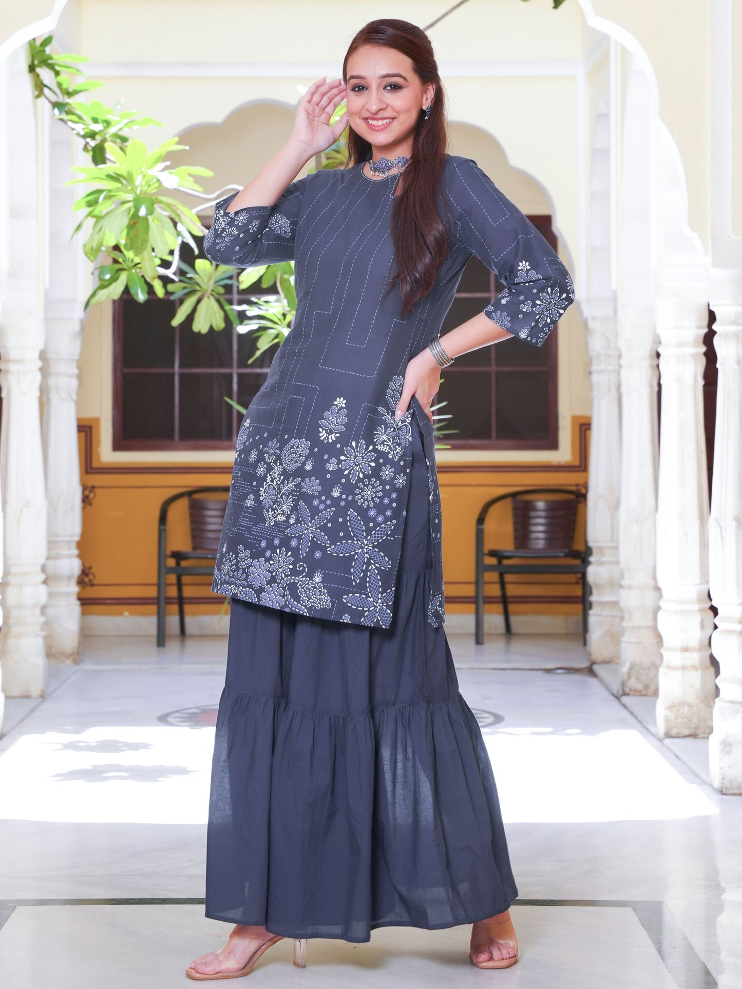 Embroidered Soft Cotton Placement Print Straight Blue Kurta
