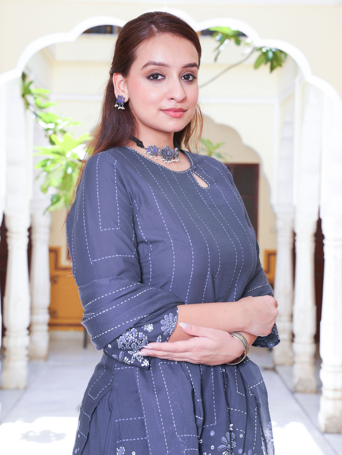 Embroidered Soft Cotton Placement Print Straight Blue Kurta