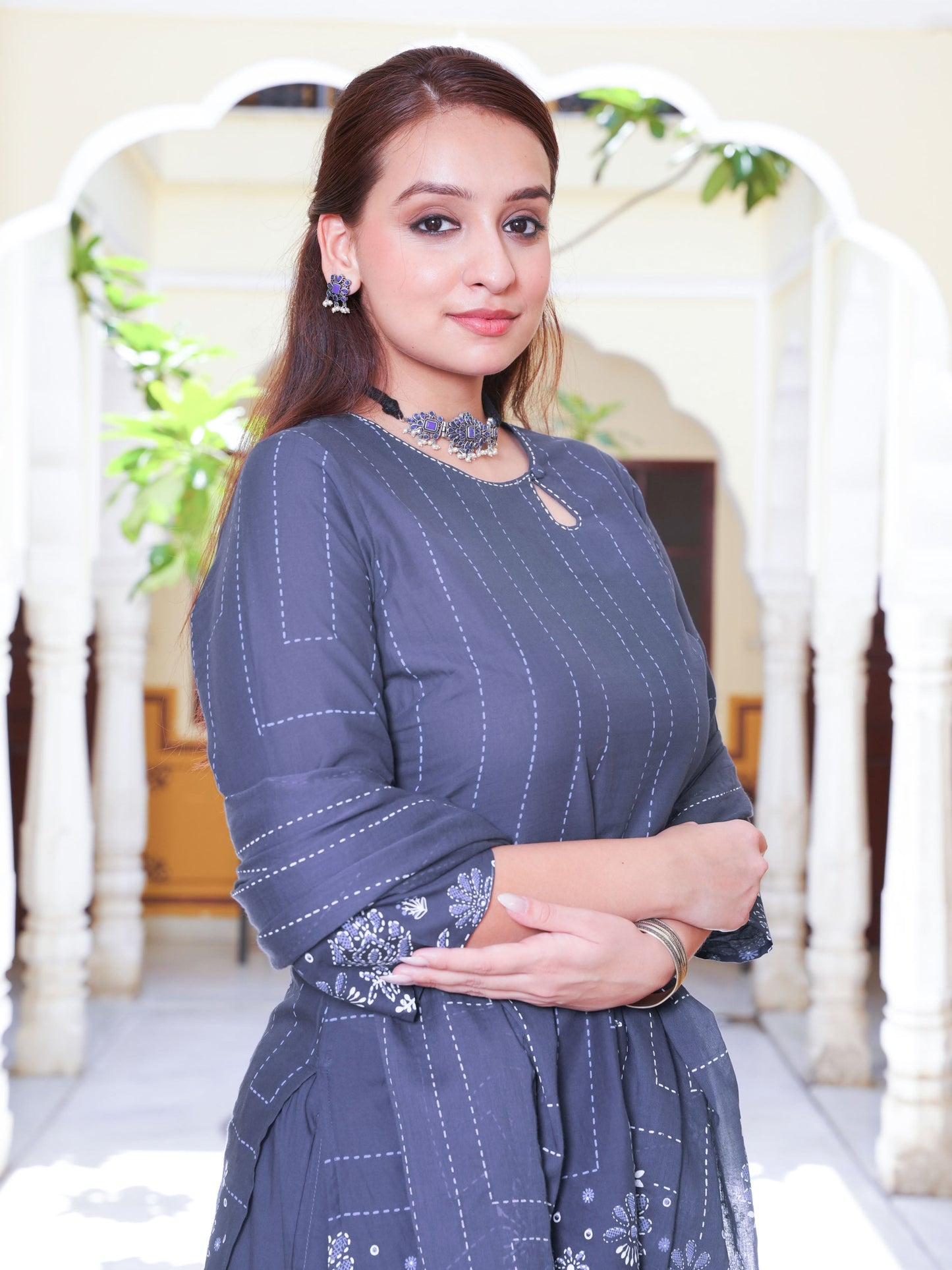 Embroidered Soft Cotton Placement Print Straight Blue Kurta