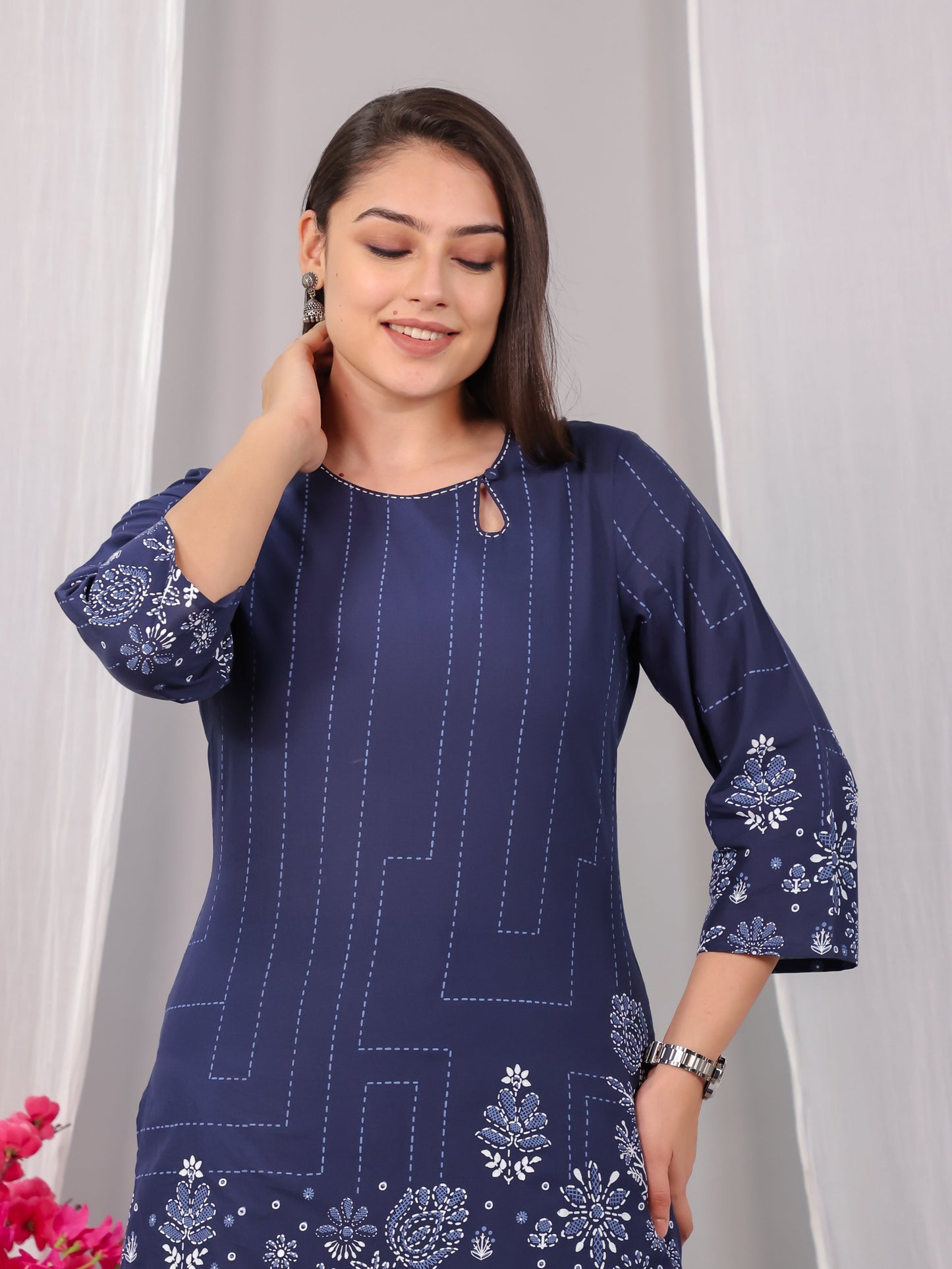 Embroidered Soft Cotton Placement Print Straight Blue Kurta