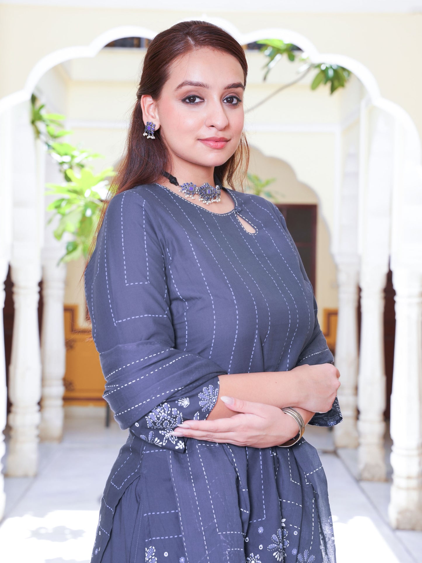 Embroidered Soft Cotton Placement Print Straight Blue Kurta