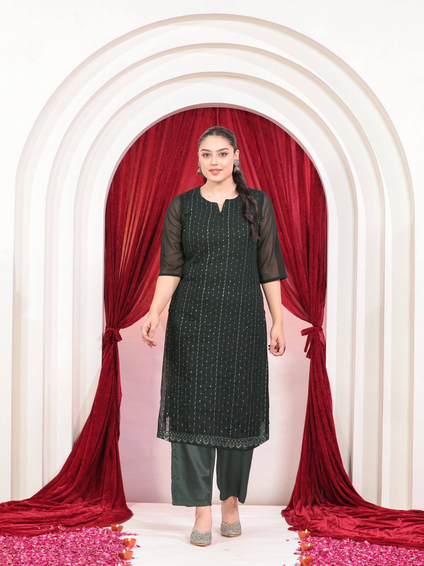 Embroidered Georgette Solid Straight Green Kurta