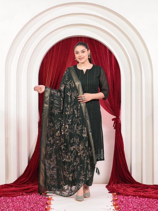 Embroidered Georgette Solid Straight Green Kurta