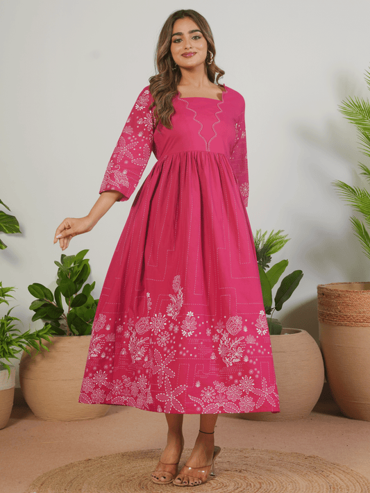 Embroidered Soft Cotton Placement Print Flared Pink Dress