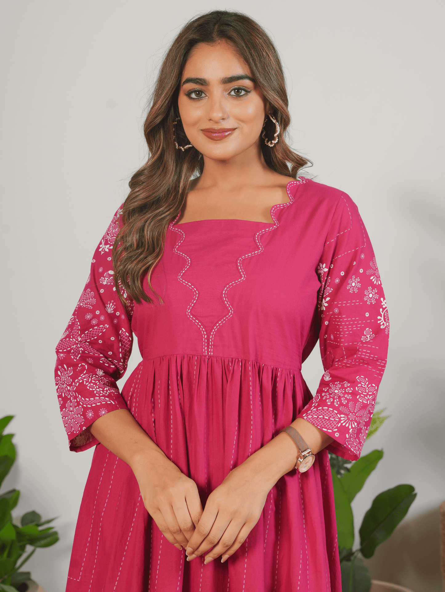 Embroidered Soft Cotton Placement Print Flared Pink Dress
