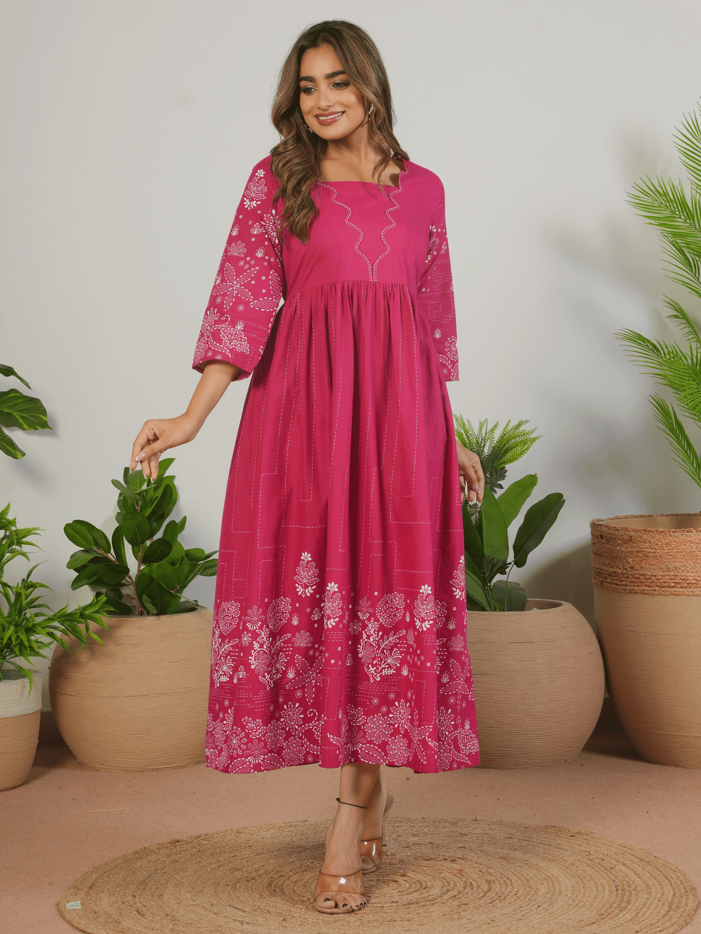 Embroidered Soft Cotton Placement Print Flared Pink Dress