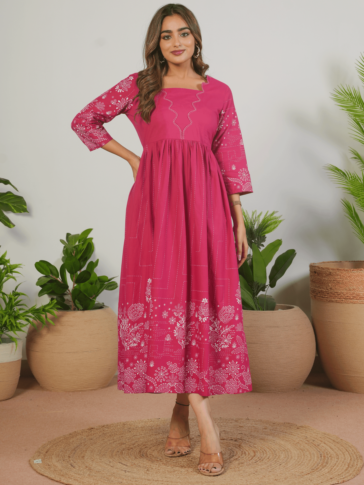 Embroidered Soft Cotton Placement Print Flared Pink Dress
