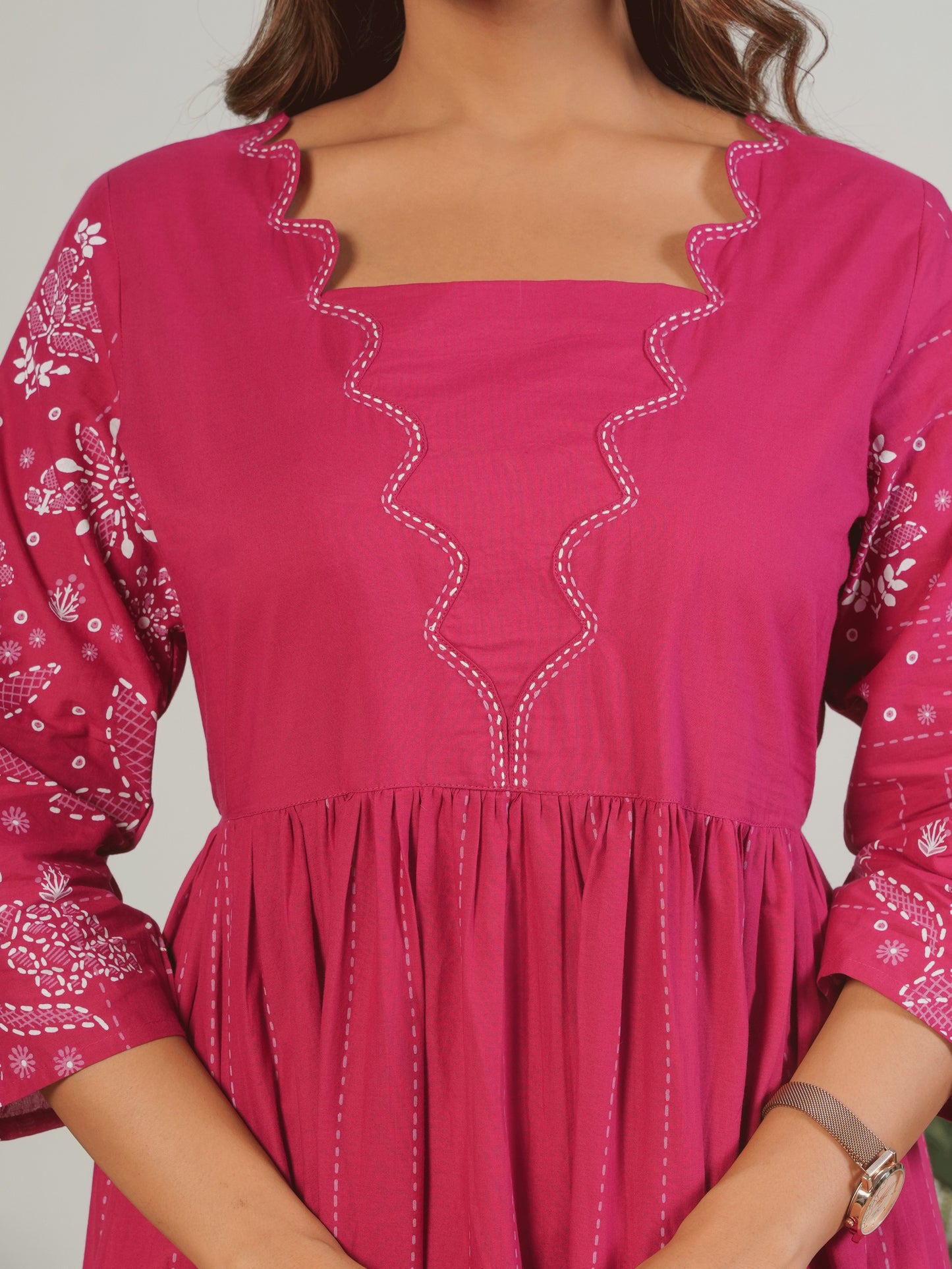 Embroidered Soft Cotton Placement Print Flared Pink Dress