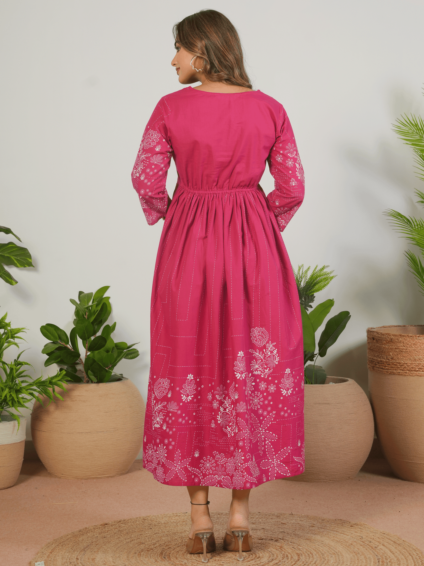 Embroidered Soft Cotton Placement Print Flared Pink Dress