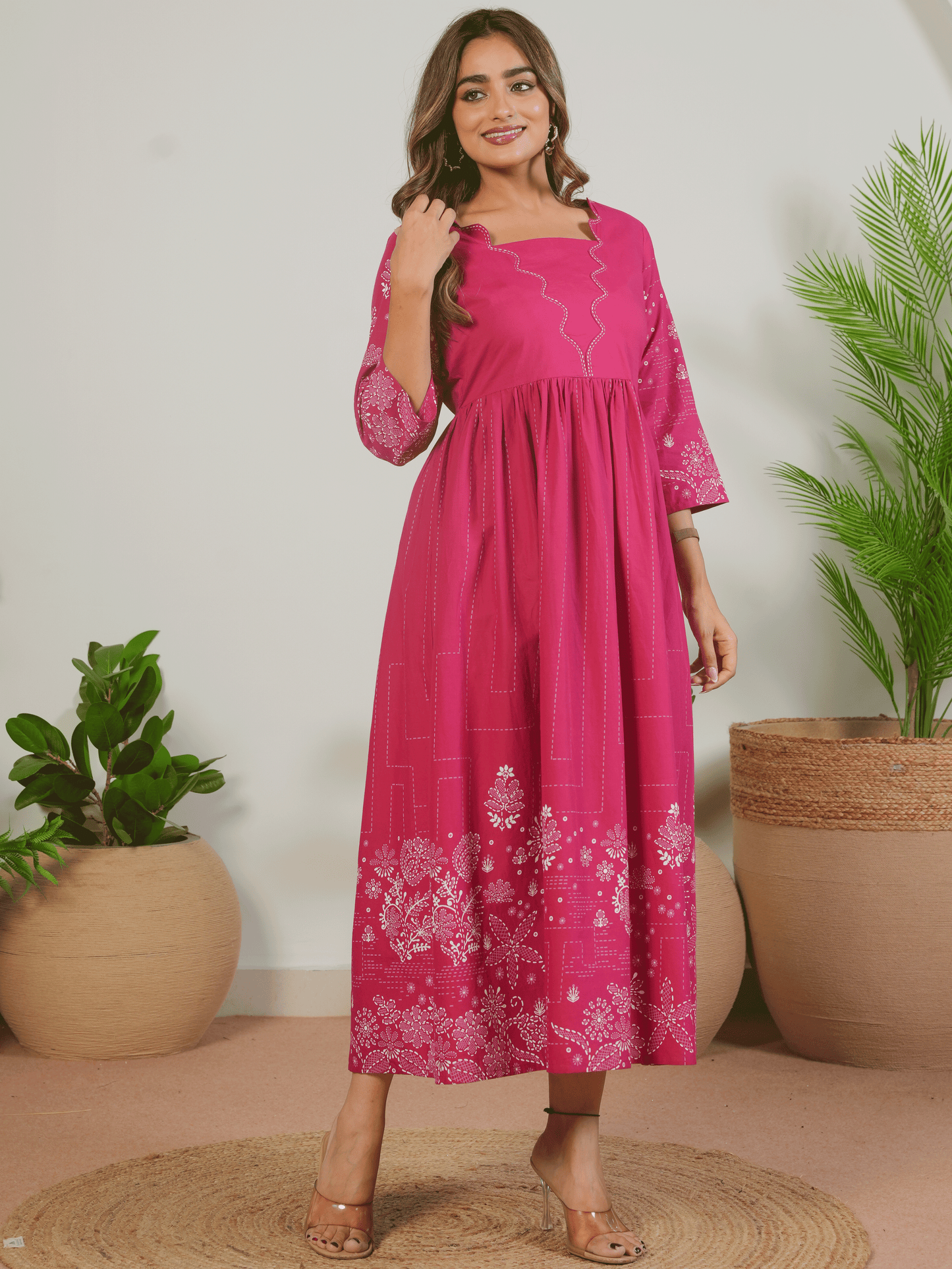 Embroidered Soft Cotton Placement Print Flared Pink Dress