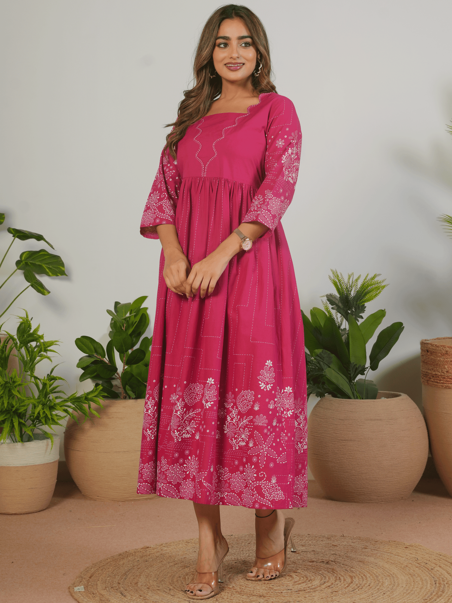 Embroidered Soft Cotton Placement Print Flared Pink Dress