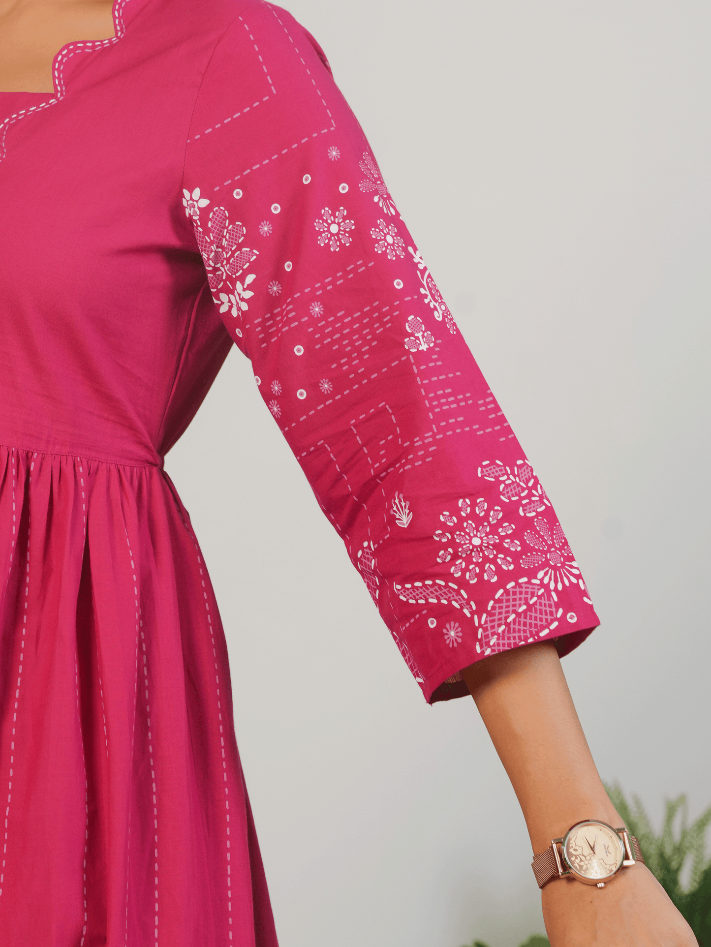 Embroidered Soft Cotton Placement Print Flared Pink Dress