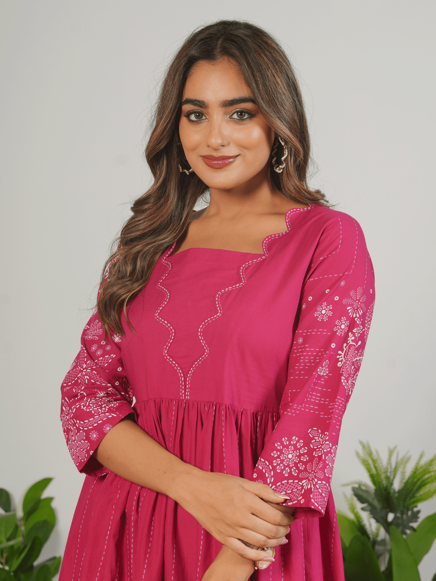 Embroidered Soft Cotton Placement Print Flared Pink Dress