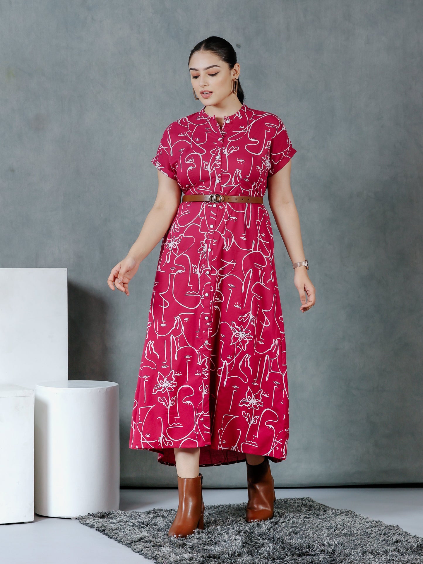 Soft Cotton Abstract A-line Pink Dress