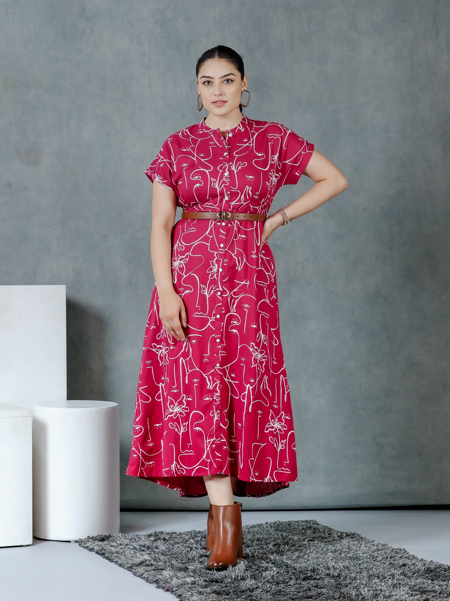 Soft Cotton Abstract A-line Pink Dress