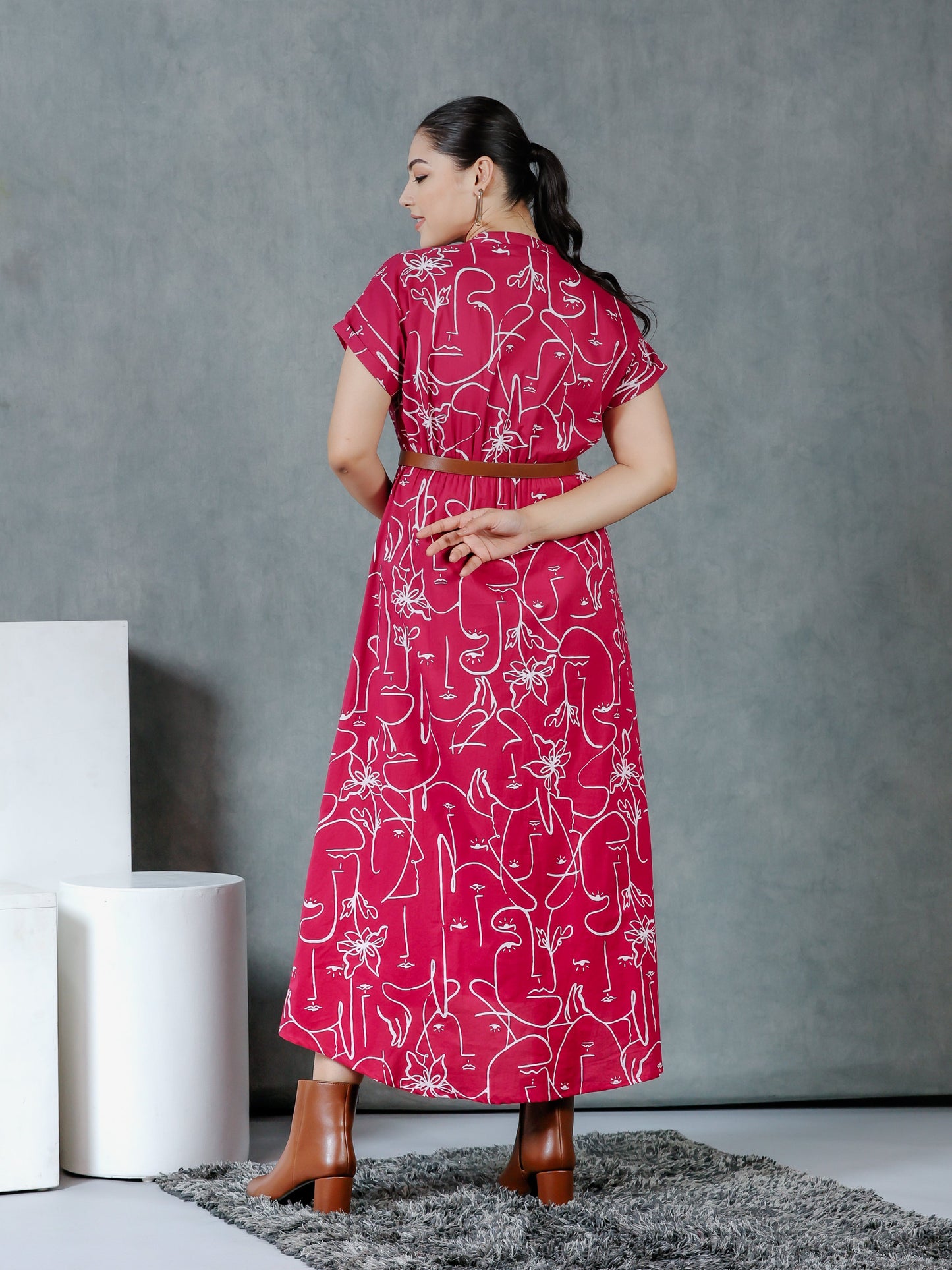 Soft Cotton Abstract A-line Pink Dress