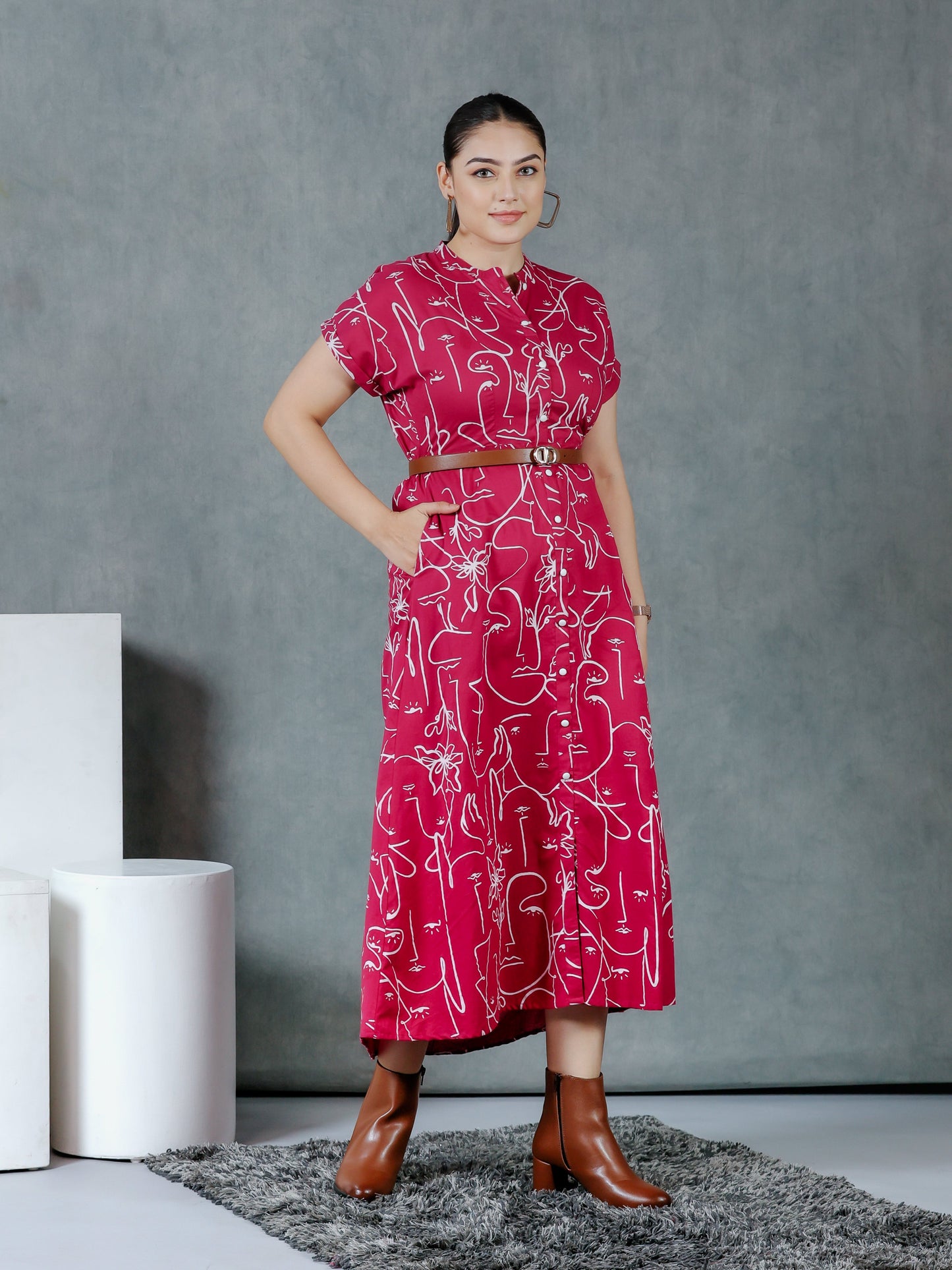 Soft Cotton Abstract A-line Pink Dress