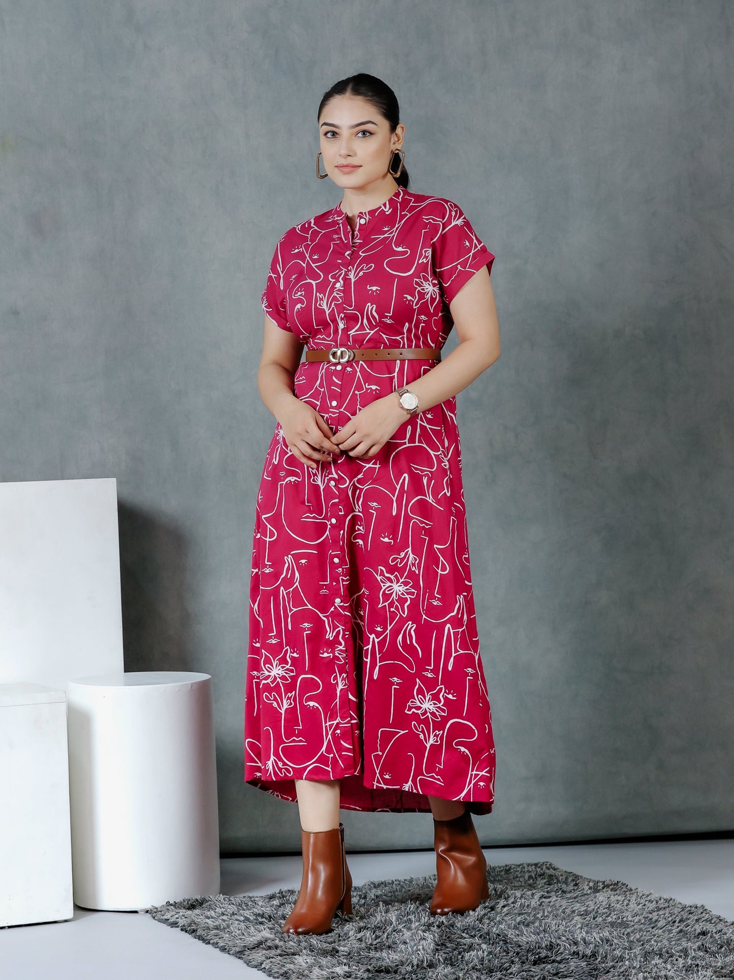Soft Cotton Abstract A-line Pink Dress