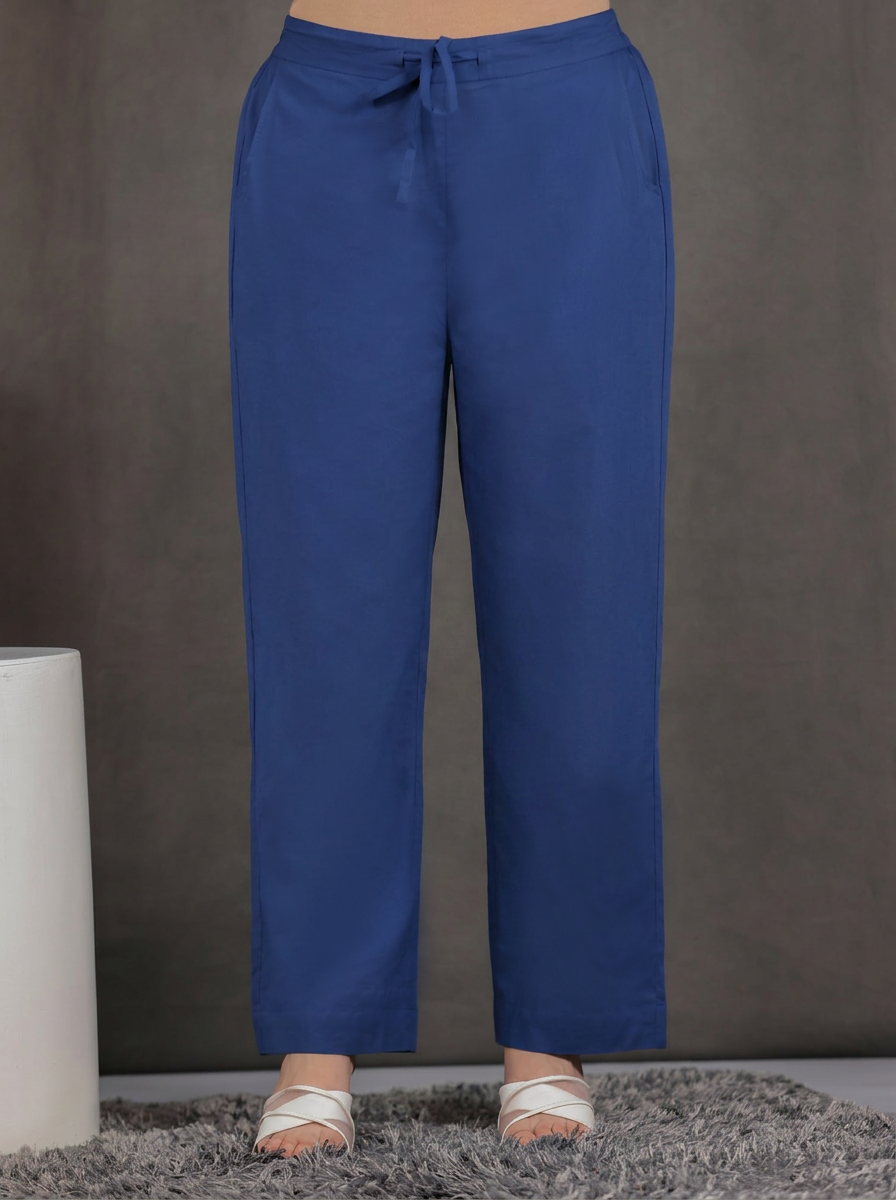 Soft Cotton Solid Blue Straight Trousers