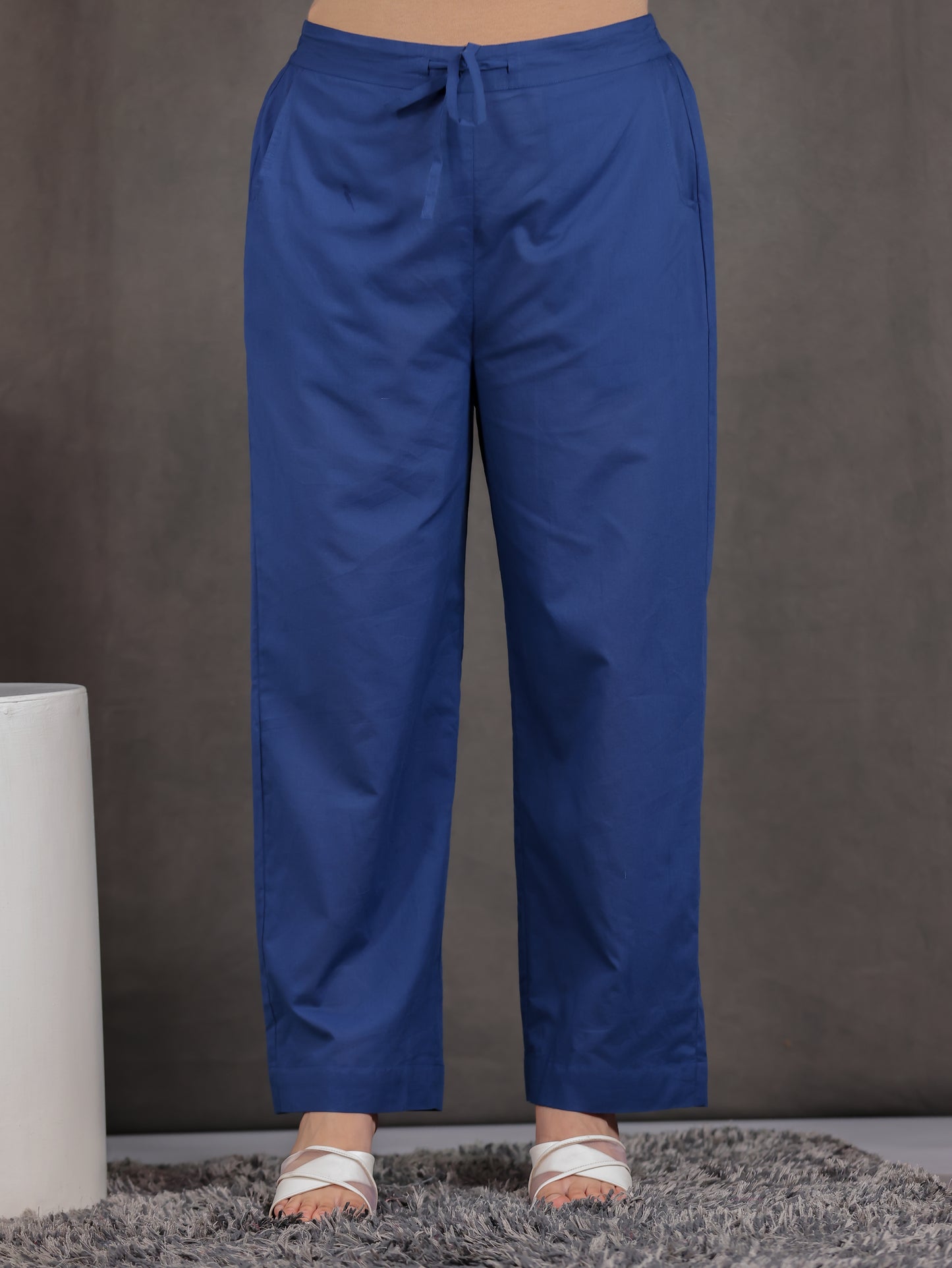 Soft Cotton Solid Blue Straight Trousers
