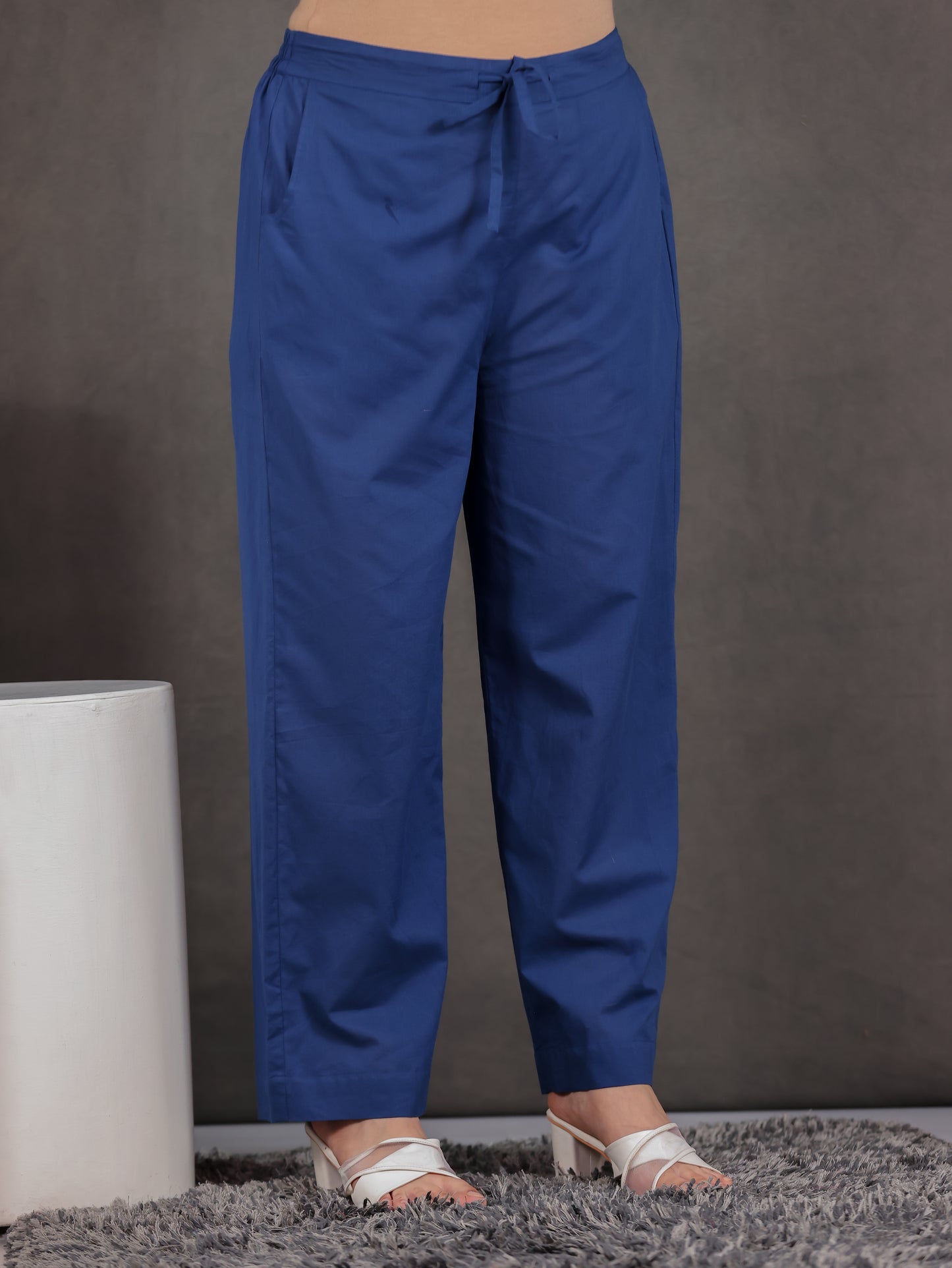 Soft Cotton Solid Blue Straight Trousers