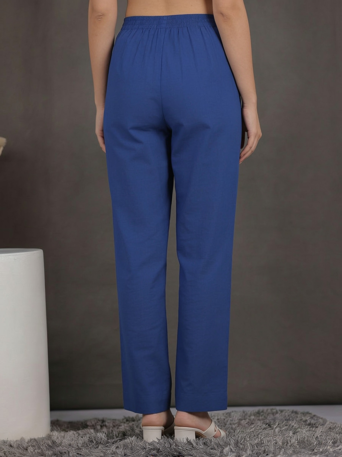 Soft Cotton Solid Blue Straight Trousers