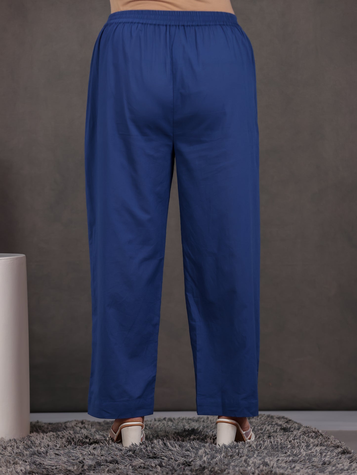 Soft Cotton Solid Blue Straight Trousers