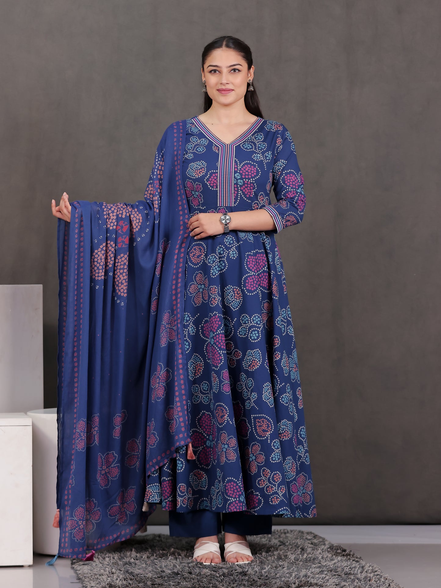 Cotton Voile Floral Blue Dupatta