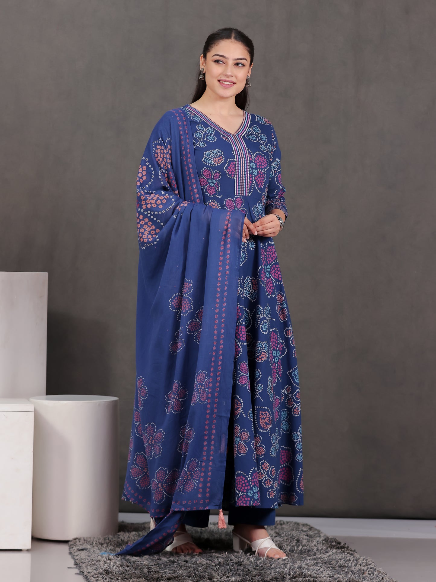 Cotton Voile Floral Blue Dupatta