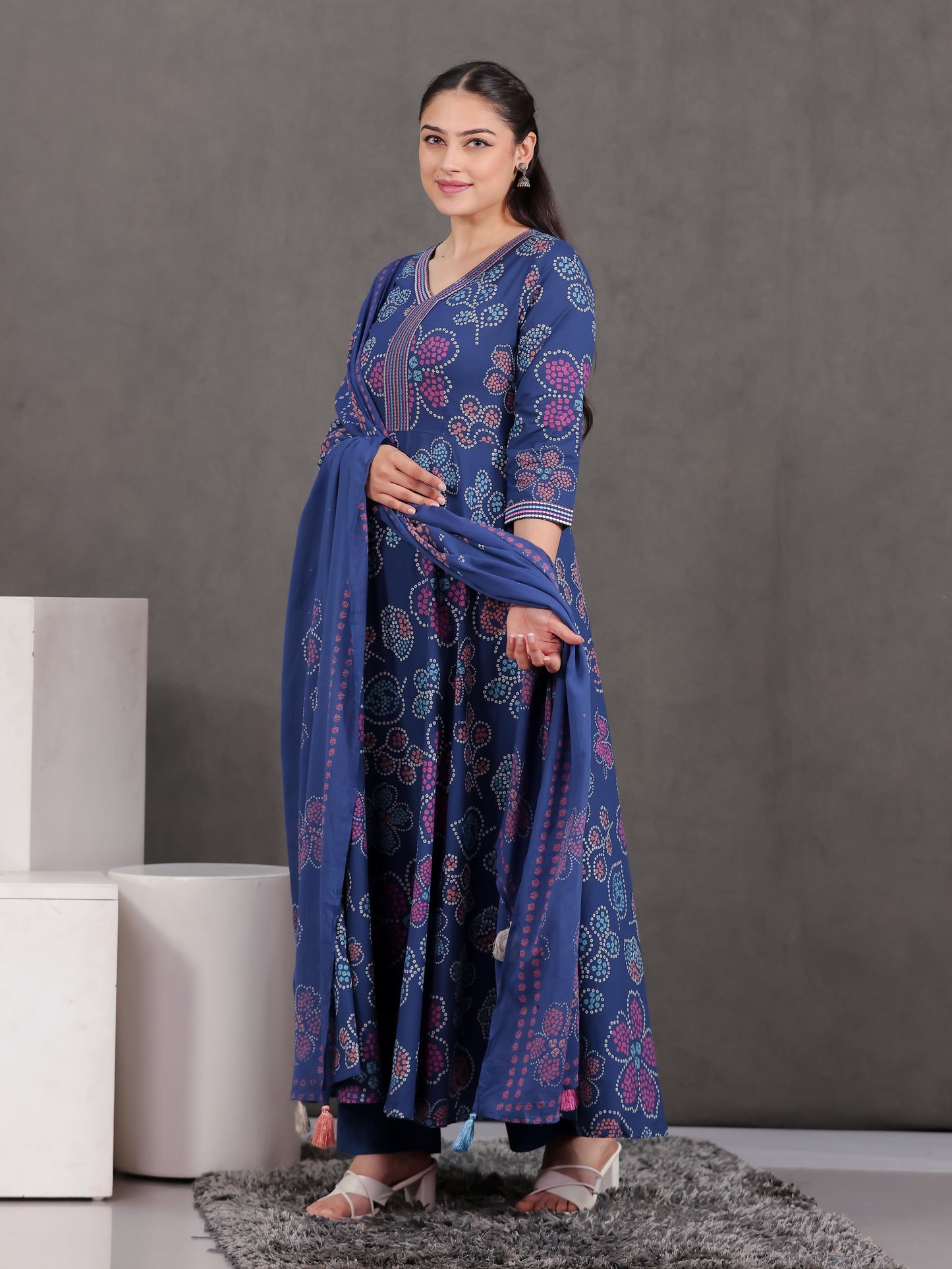 Cotton Voile Floral Blue Dupatta