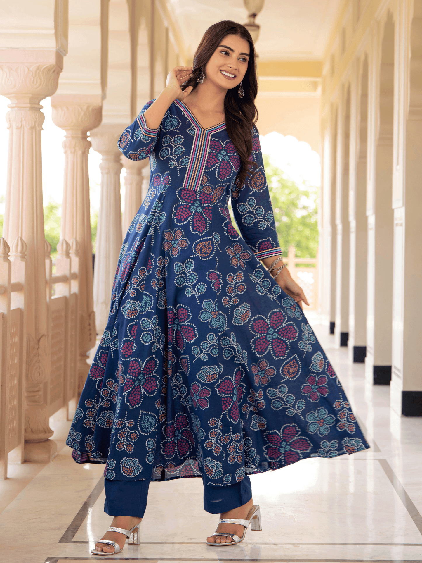 Embroidered Soft Cotton Floral Anarkali Blue Kurta