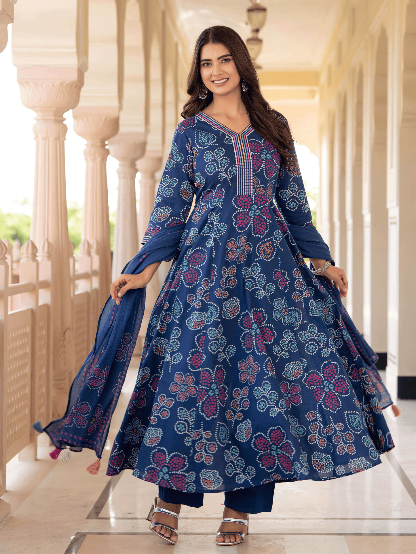 Embroidered Soft Cotton Floral Anarkali Blue Kurta