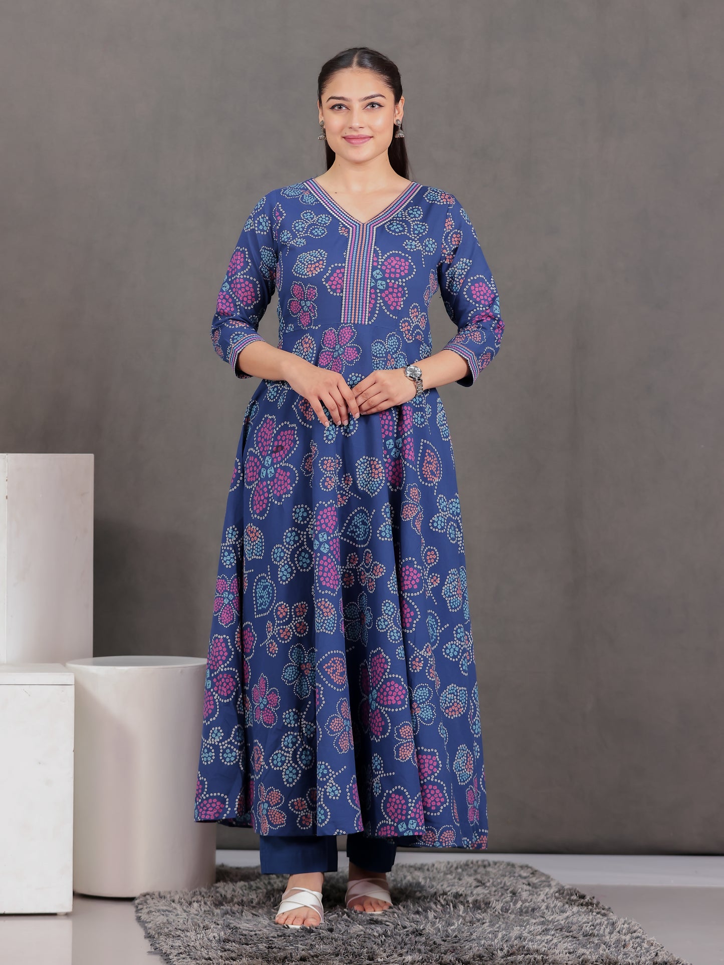 Embroidered Soft Cotton Floral Anarkali Blue Kurta