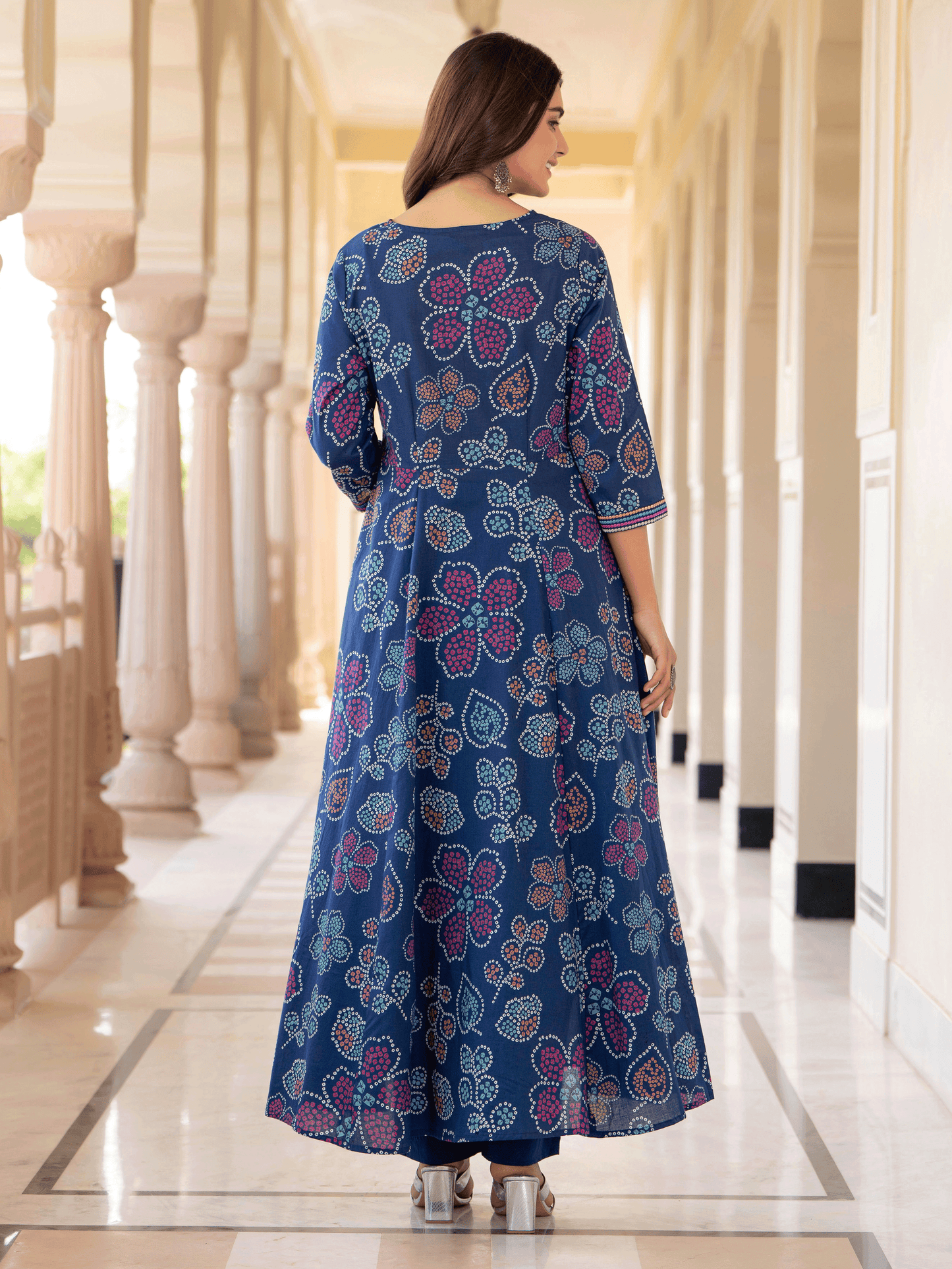 Embroidered Soft Cotton Floral Anarkali Blue Kurta
