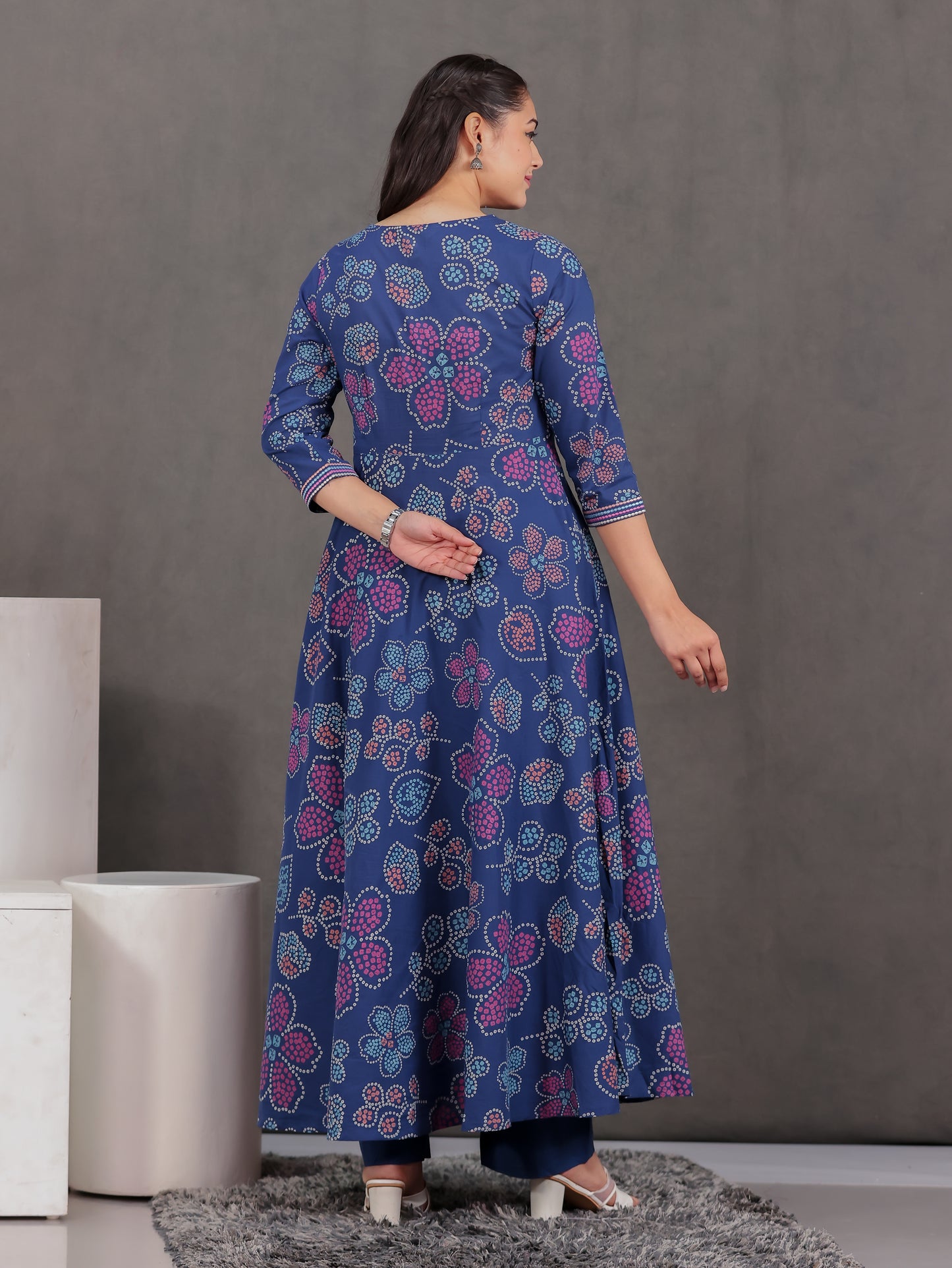 Embroidered Soft Cotton Floral Anarkali Blue Kurta