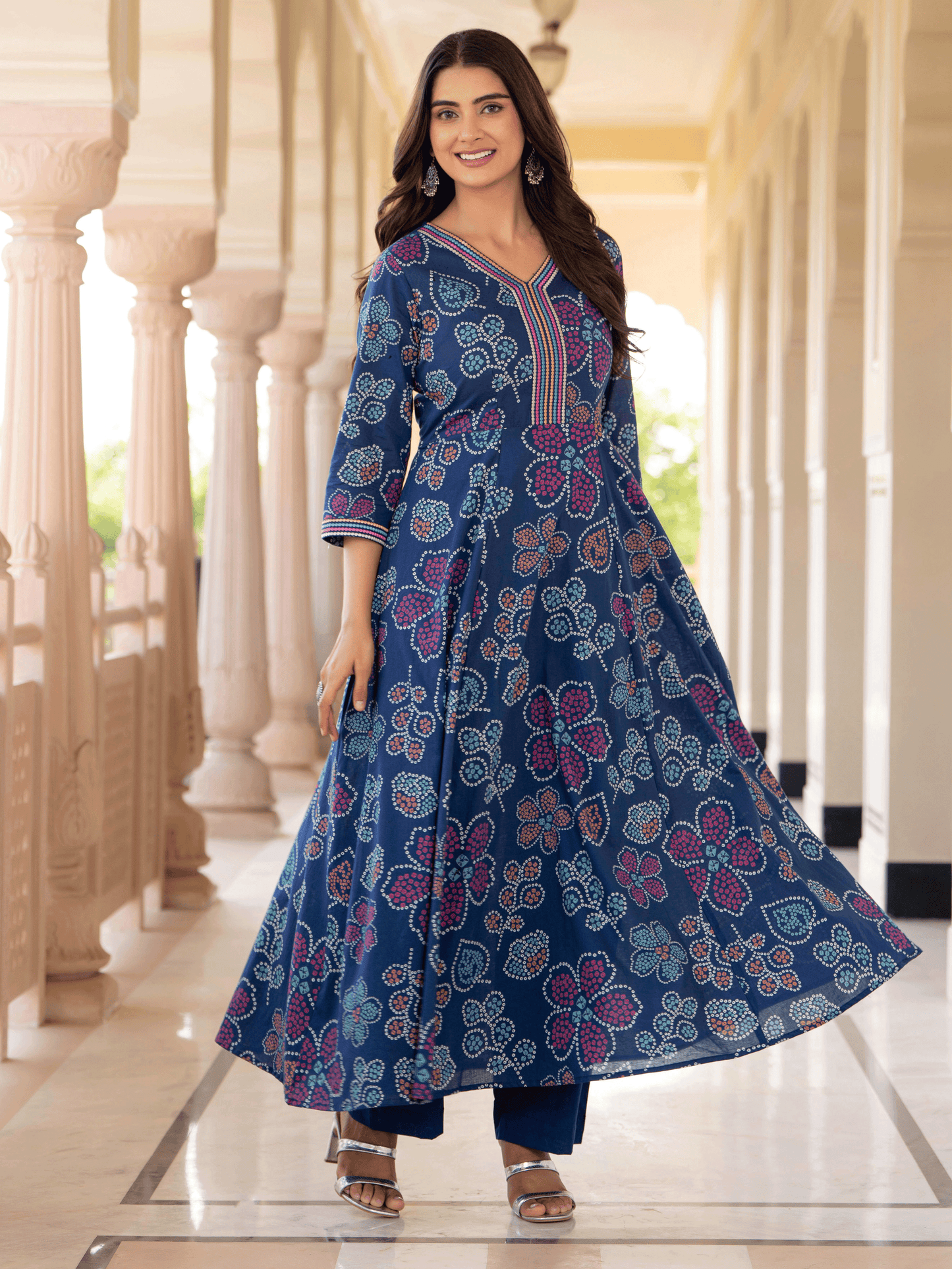 Embroidered Soft Cotton Floral Anarkali Blue Kurta