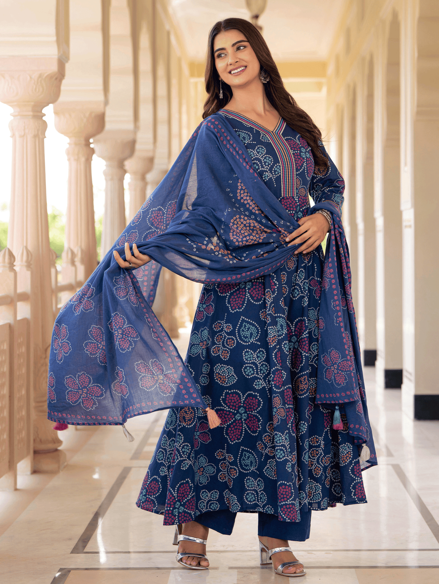 Embroidered Soft Cotton Floral Anarkali Blue Kurta
