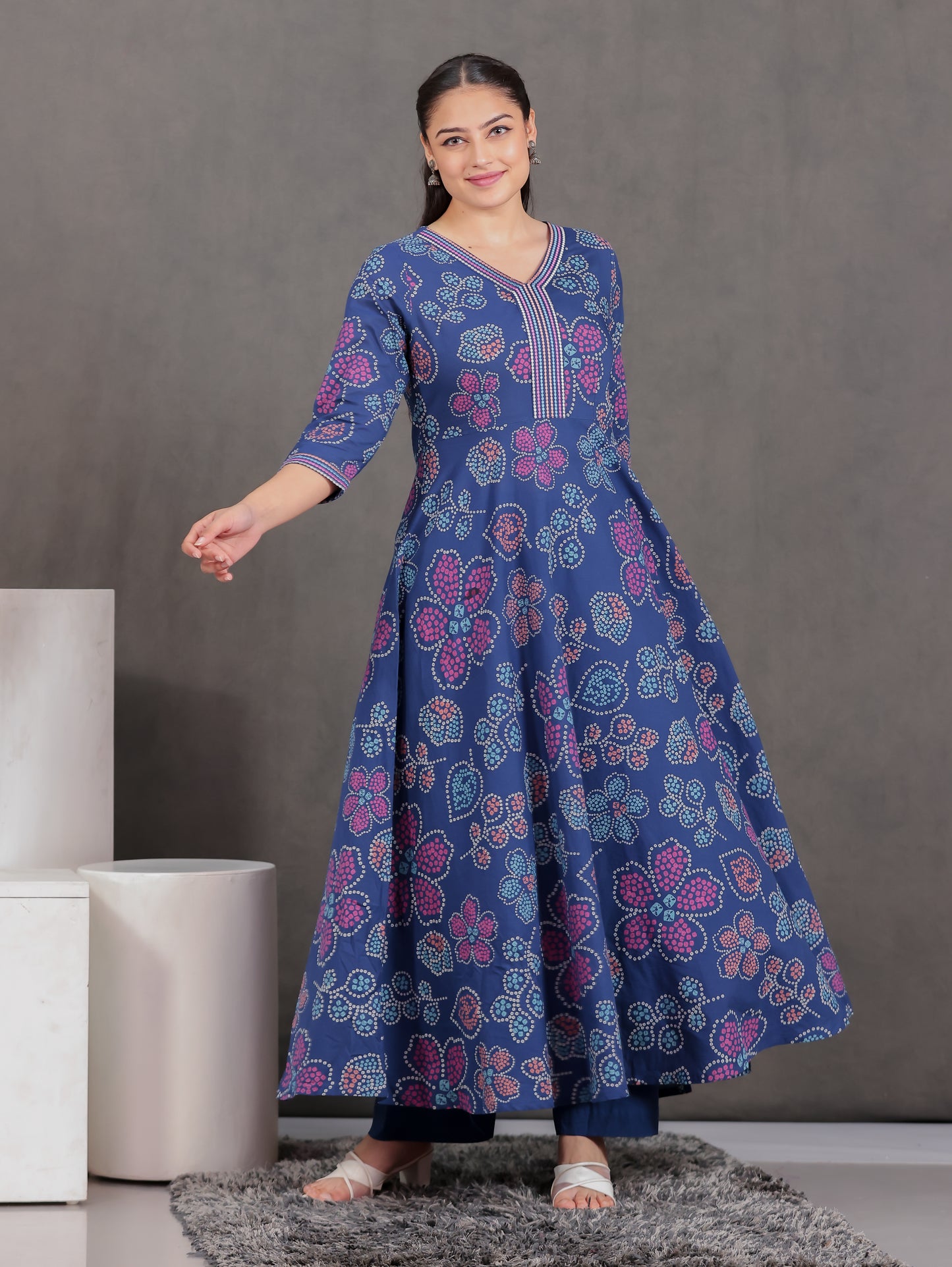 Embroidered Soft Cotton Floral Anarkali Blue Kurta