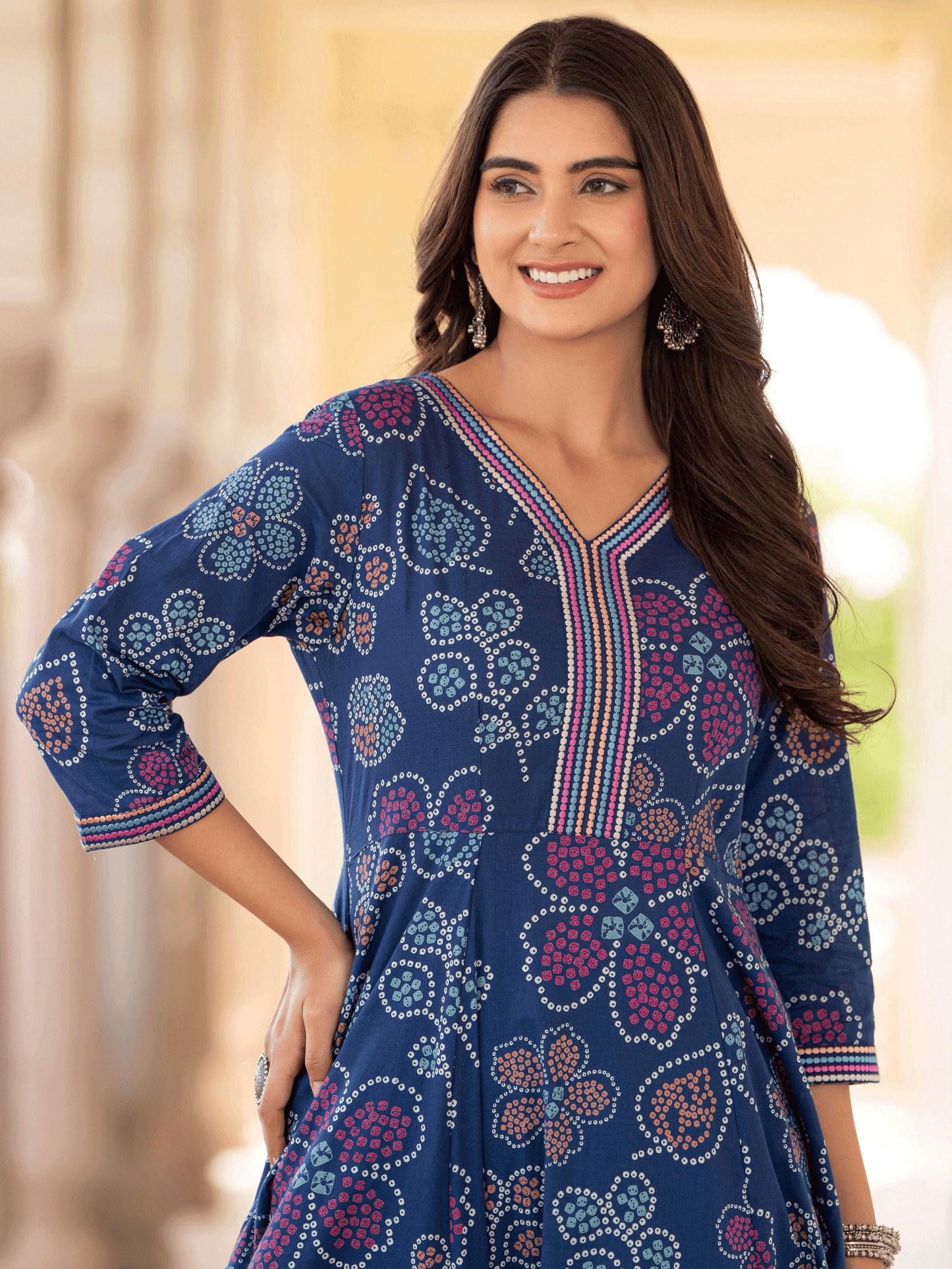 Embroidered Soft Cotton Floral Anarkali Blue Kurta