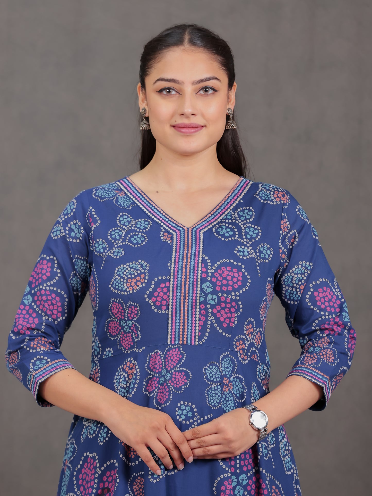 Embroidered Soft Cotton Floral Anarkali Blue Kurta